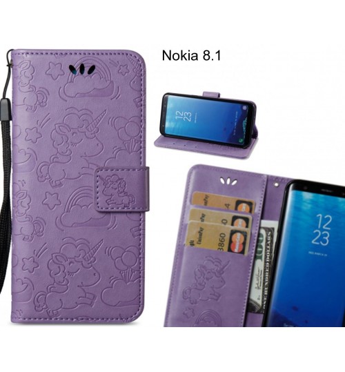 Nokia 8.1  Case Leather Wallet Case Embossed Unicon Pattern - Purple