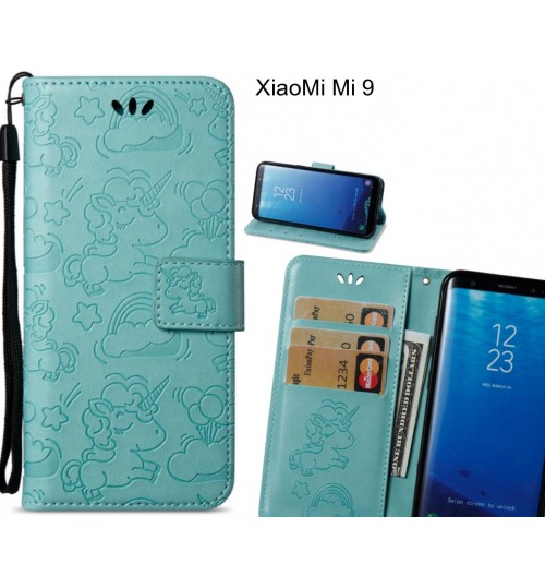 Xiaomi Mi 9  Case Leather Wallet Case Embossed Unicon Pattern - Green