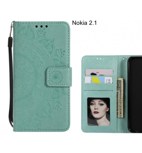 Nokia 2.1 Case Mandala Embossed Leather Wallet Case - Green