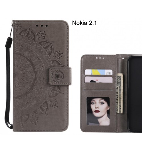 Nokia 2.1 Case Mandala Embossed Leather Wallet Case - Grey