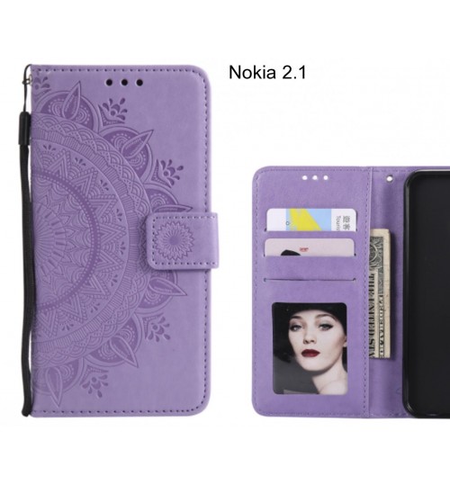 Nokia 2.1 Case Mandala Embossed Leather Wallet Case - Purple