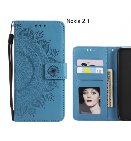 Nokia 2.1 Case Mandala Embossed Leather Wallet Case - Blue