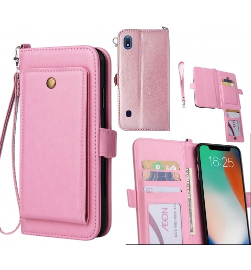 Samsung Galaxy A10 Case Retro Leather Case Multi Cards Cash Pocket & Zip - Pink