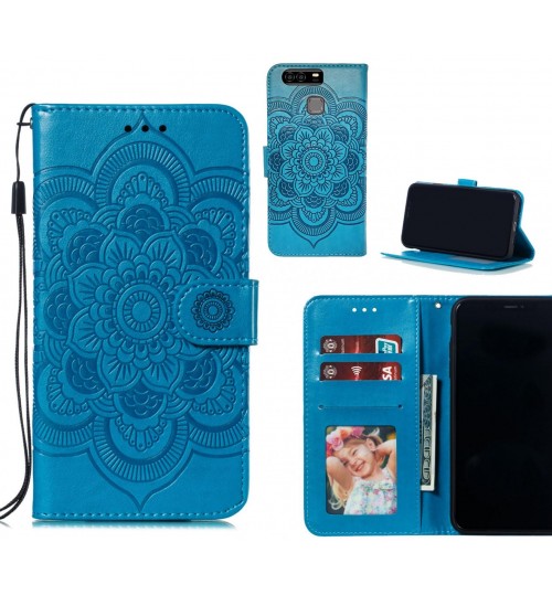 Huawei P9 Case Leather Wallet Case Embossed Pattern - Blue
