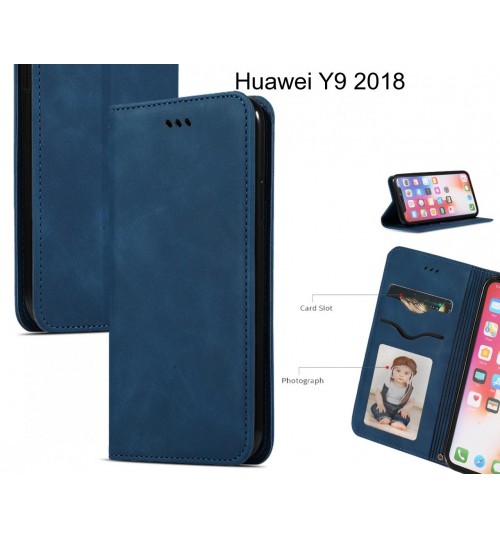 Huawei Y9 2018 Case Premium Leather Magnetic Wallet Case - Blue