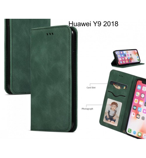 Huawei Y9 2018 Case Premium Leather Magnetic Wallet Case - Green