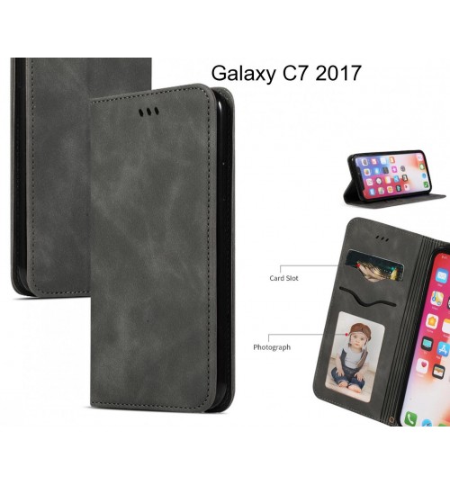 Galaxy C7 2017 Case Premium Leather Magnetic Wallet Case - Black