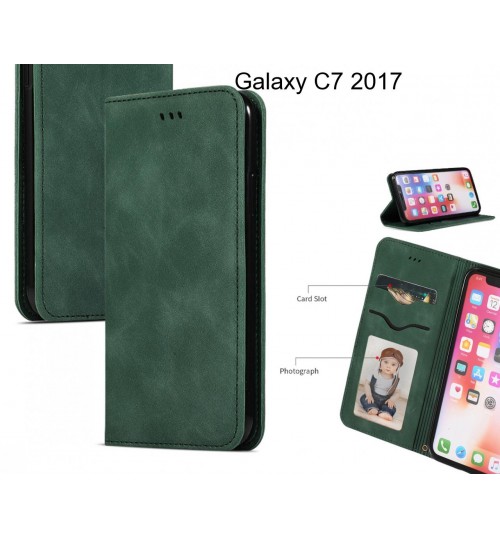 Galaxy C7 2017 Case Premium Leather Magnetic Wallet Case - Green