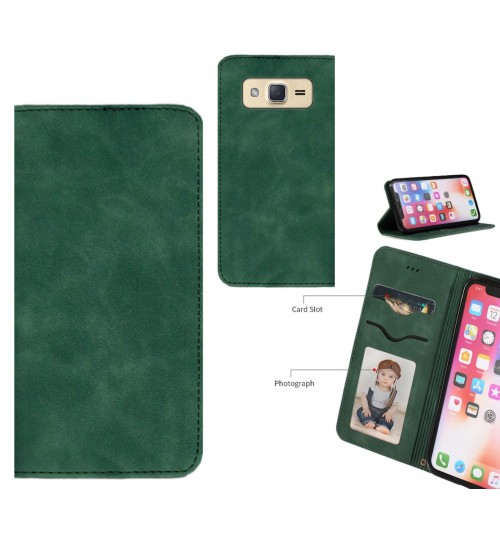 Galaxy J2 Case Premium Leather Magnetic Wallet Case - Green