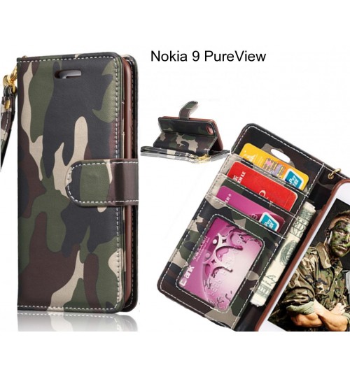 Nokia 9 Pureview Case Camouflage Leather Wallet Case Cover - Green