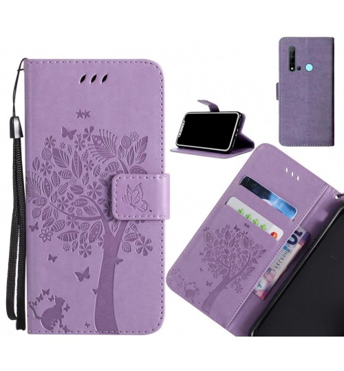 Huawei nova 5i case leather wallet case embossed cat & tree pattern