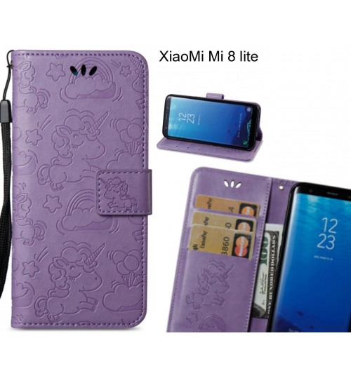 Xiaomi Mi 8 Lite  Case Leather Wallet Case Embossed Unicon Pattern - Purple