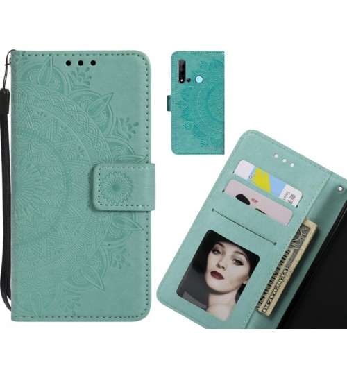 Huawei Nova 5i Case Mandala Embossed Leather Wallet Case - Green