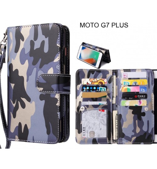 Moto G7 Plus  Case Multi Function Wallet Leather Case Camouflage - Grey