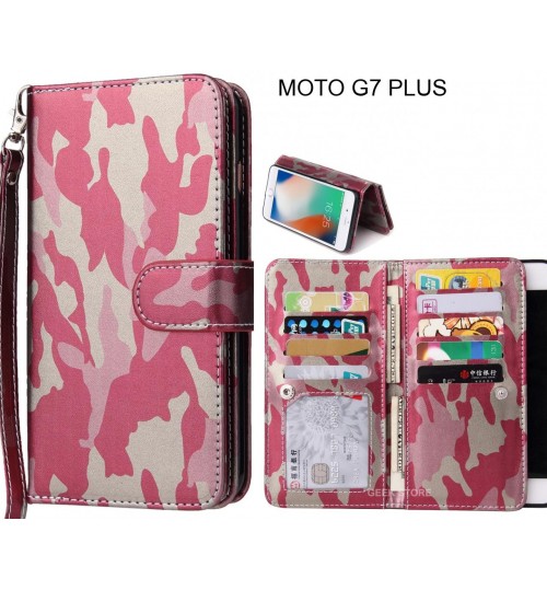 Moto G7 Plus  Case Multi Function Wallet Leather Case Camouflage - Pink