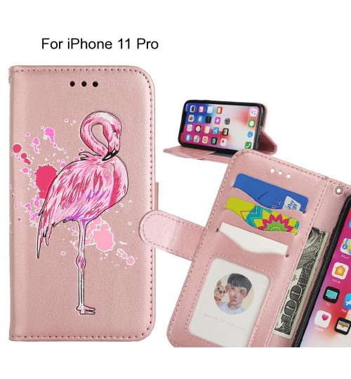 iPhone 11 Pro case Embossed Flamingo Wallet Leather Case