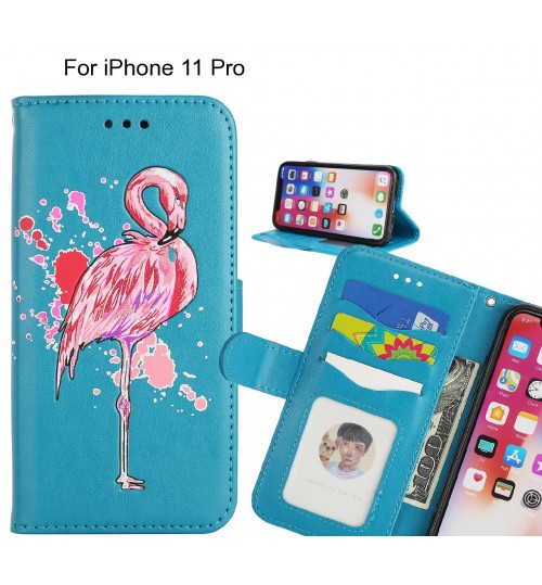 iPhone 11 Pro case Embossed Flamingo Wallet Leather Case
