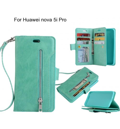 Huawei Nova 5i Pro Case 10 Cards Slots Wallet Leather Case With Zip - Green