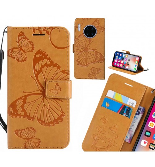 Huawei Mate 30 Pro Case Embossed Butterfly Wallet Leather Case - Brown