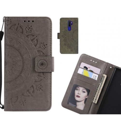 Oppo A9 2020 Case Mandala Embossed Leather Wallet Case - Grey