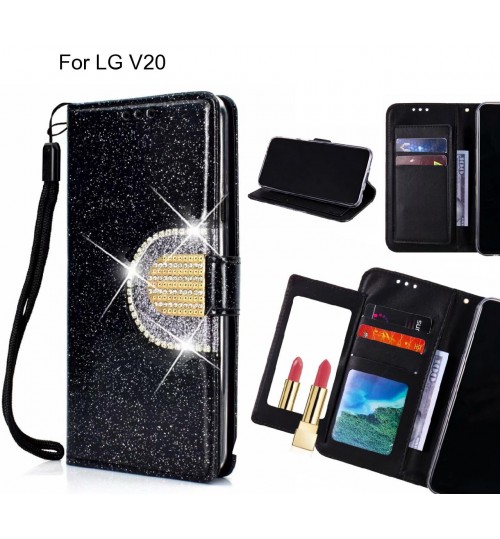 Lg V20 Case Glaring Wallet Leather Case With Mirror - Black