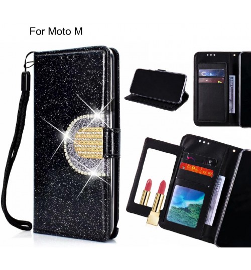 Moto M Case Glaring Wallet Leather Case With Mirror - Black