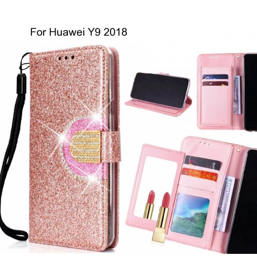 Huawei Y9 2018 Case Glaring Wallet Leather Case With Mirror - Pink