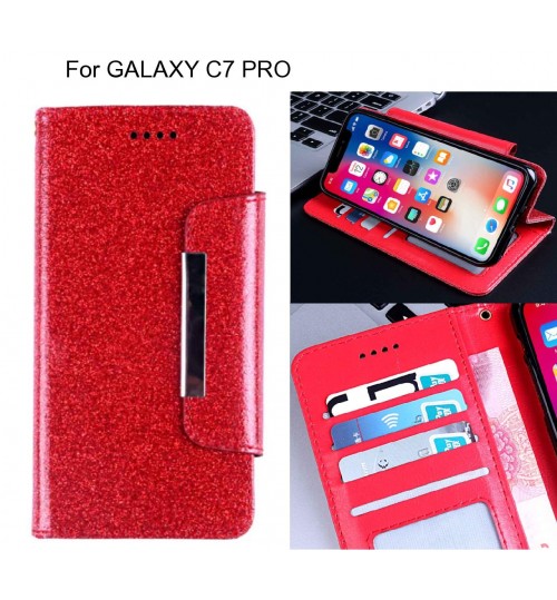 Galaxy C7 Pro Case Glitter Wallet Case Id Wide Magnetic Closure - Red