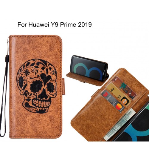 Huawei Y9 Prime 2019 case skull vintage leather wallet case