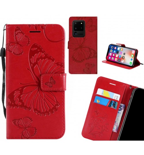 Galaxy S20 Ultra Case Embossed Butterfly Wallet Leather Case - Red