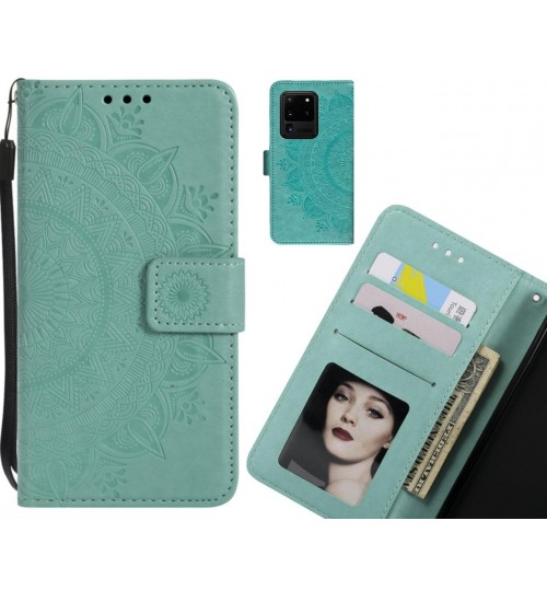 Galaxy S20 Ultra Case Mandala Embossed Leather Wallet Case - Green