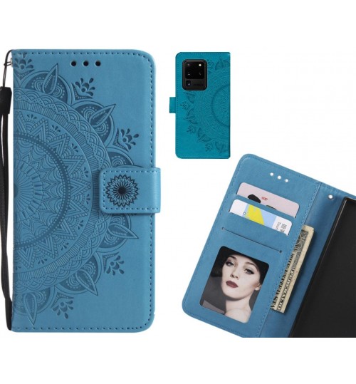 Galaxy S20 Ultra Case Mandala Embossed Leather Wallet Case - Blue