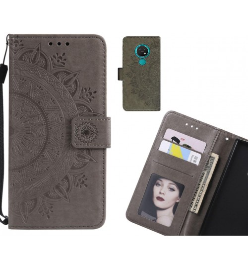 Nokia 7.2 Case Mandala Embossed Leather Wallet Case - Grey