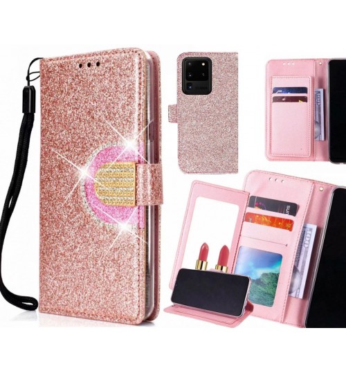 Galaxy S20 Ultra Case Glaring Wallet Leather Case With Mirror - Pink