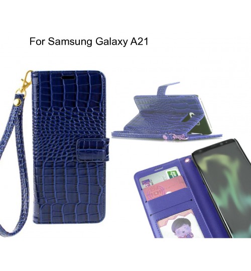 Samsung Galaxy A21 Case Croco Wallet Leather Case - Blue