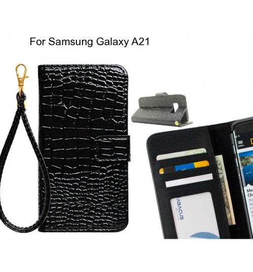 Samsung Galaxy A21 Case Croco Wallet Leather Case - Black