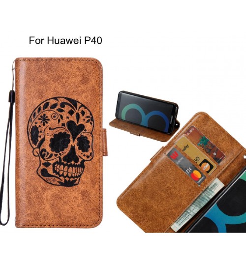 Huawei P40 case skull vintage leather wallet case
