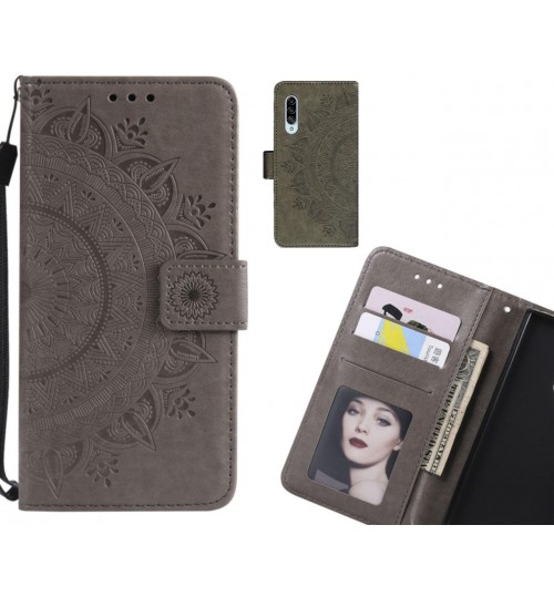 Samsung Galaxy A90 Case Mandala Embossed Leather Wallet Case - Grey