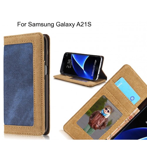 Samsung Galaxy A21S case contrast denim folio wallet case
