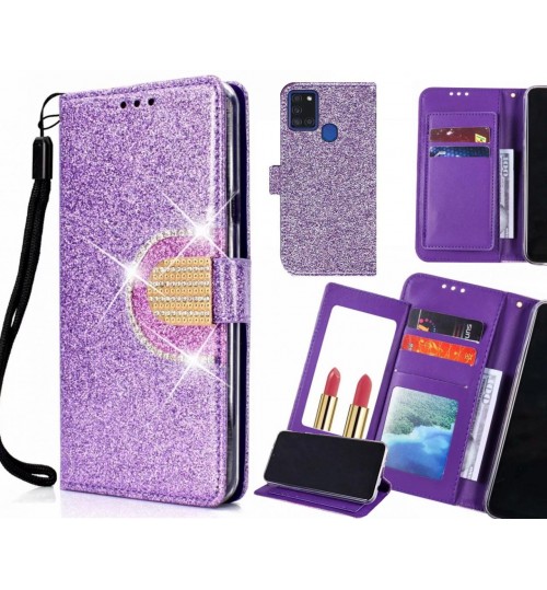 Samsung Galaxy A21s Case Glaring Wallet Leather Case With Mirror - Purple