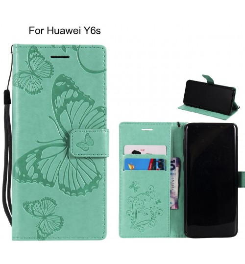 Huawei Y6s Case Embossed Butterfly Wallet Leather Case - Green
