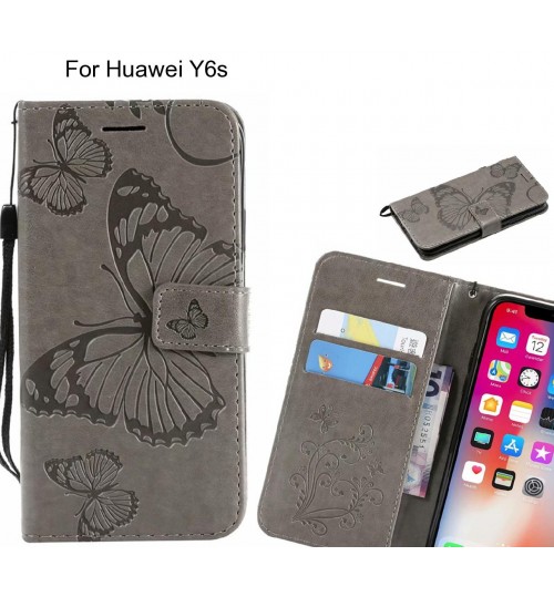 Huawei Y6s Case Embossed Butterfly Wallet Leather Case - Grey