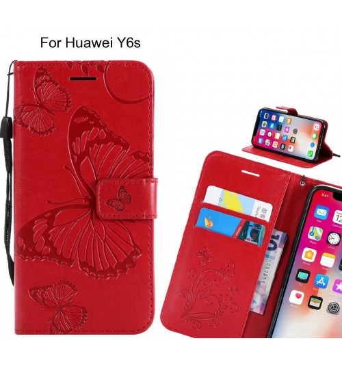 Huawei Y6s Case Embossed Butterfly Wallet Leather Case - Red