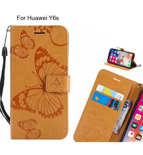 Huawei Y6s Case Embossed Butterfly Wallet Leather Case - Brown