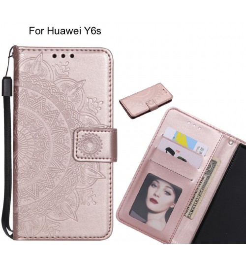 Huawei Y6s Case Mandala Embossed Leather Wallet Case - Rose Gold