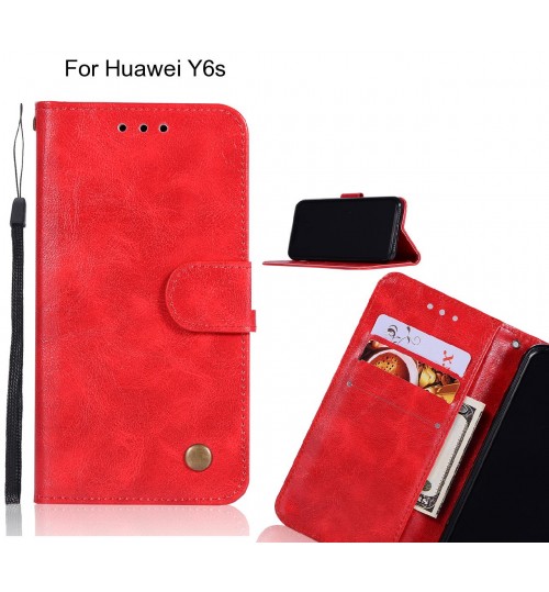 Huawei Y6s Case Vintage Fine Leather Wallet Case - Red