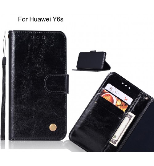 Huawei Y6s Case Vintage Fine Leather Wallet Case - Black