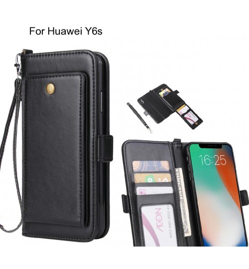 Huawei Y6s Case Retro Leather Wallet Case - Black