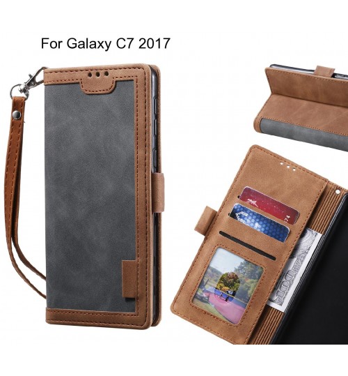 Galaxy C7 2017 Case Wallet Denim Leather Case Cover - Grey