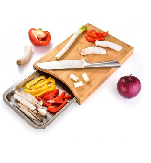 Bamboo Chopping Board with Sliding Stainless Steel Tray